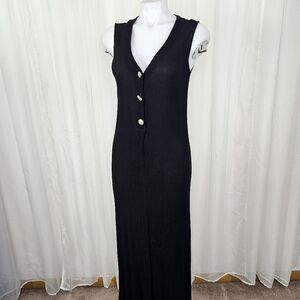 Barbara Lesser Black Crepe Gauze Sleeveless Maxi Dress Silver Buttons Size Small
